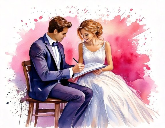 Braut und Bräutigam bei der Hochzeitsplanung